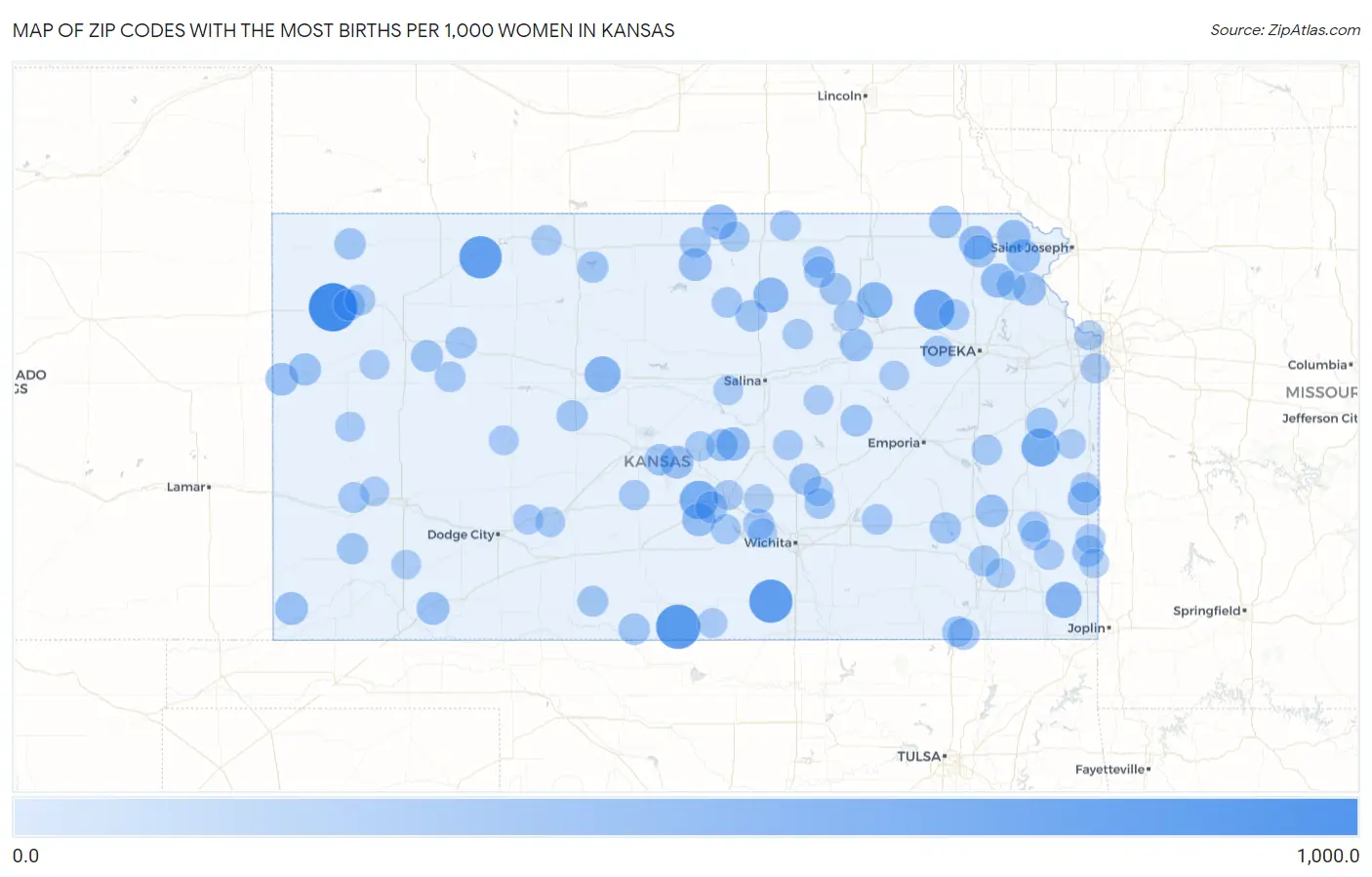 Zip Codes with the Most Births per 1,000 Women in Kansas Map