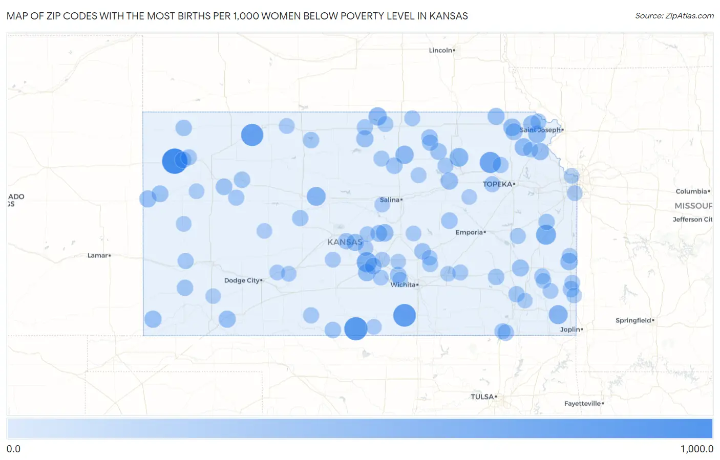 Zip Codes with the Most Births per 1,000 Women Below Poverty Level in Kansas Map