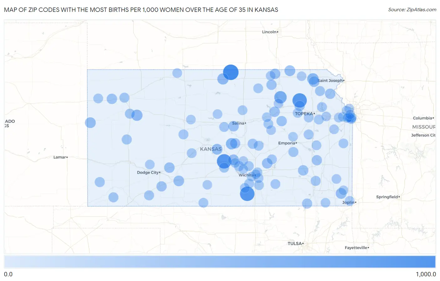 Zip Codes with the Most Births per 1,000 Women Over the Age of 35 in Kansas Map