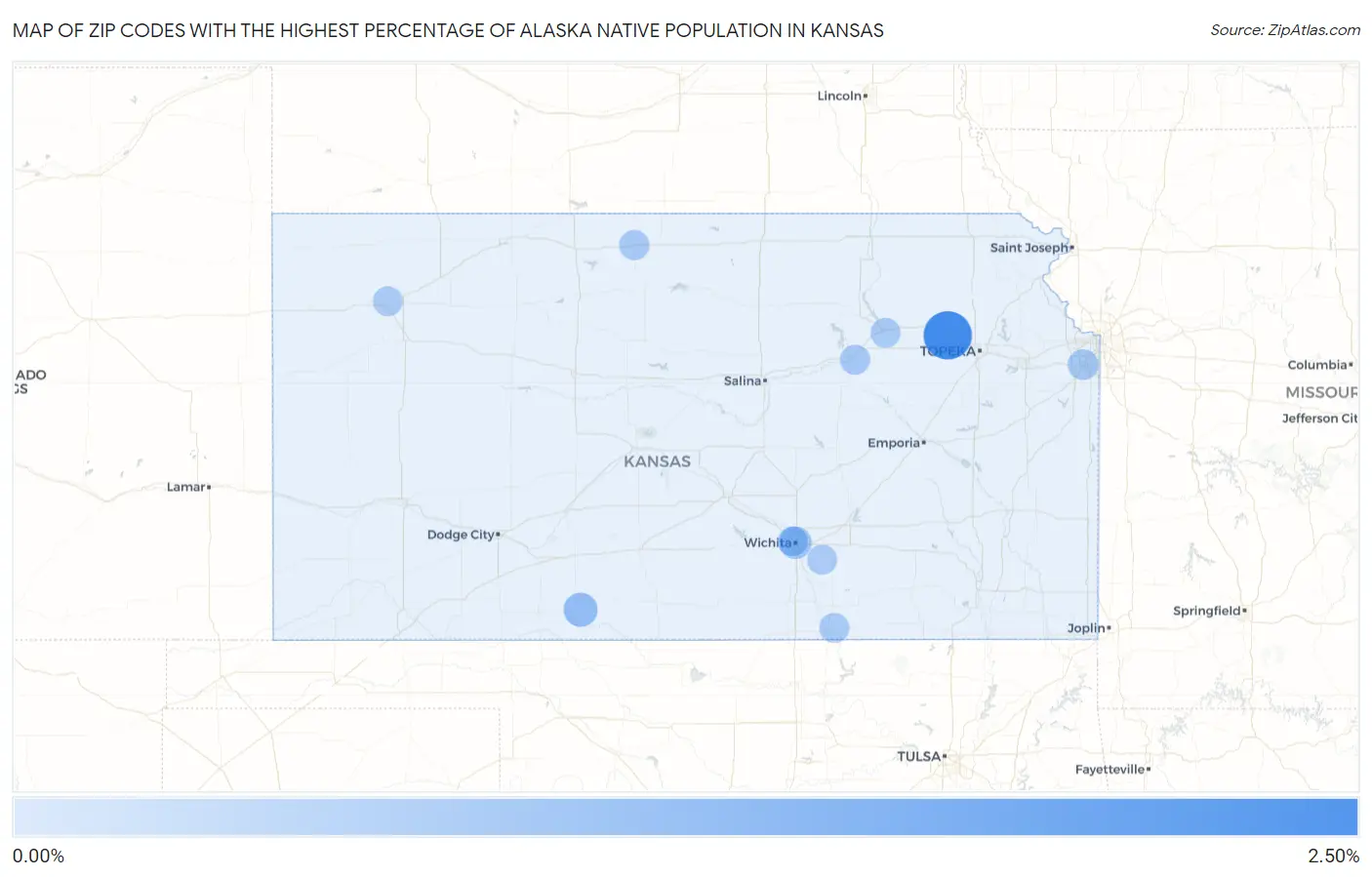 Zip Codes with the Highest Percentage of Alaska Native Population in Kansas Map