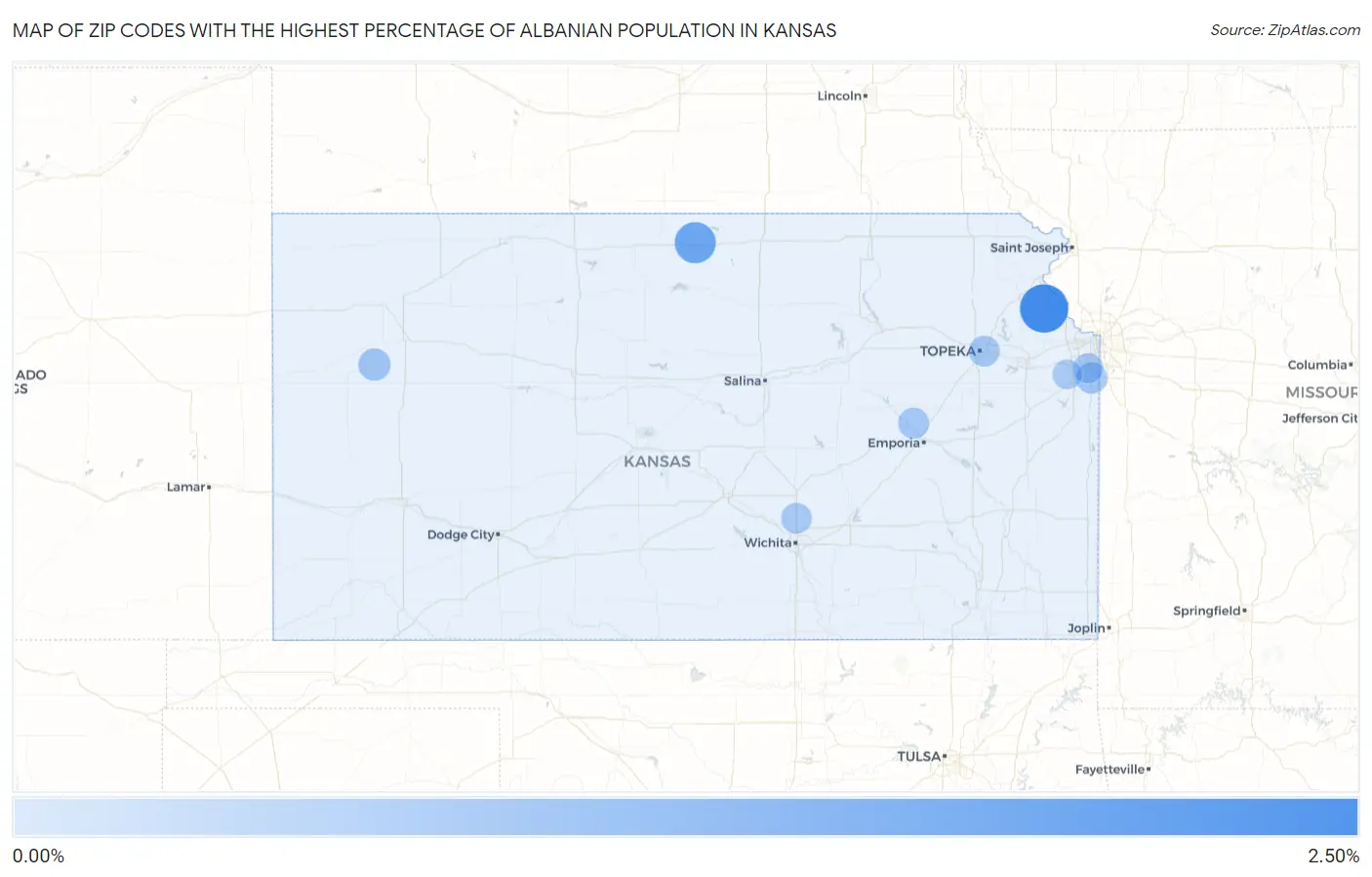 Zip Codes with the Highest Percentage of Albanian Population in Kansas Map