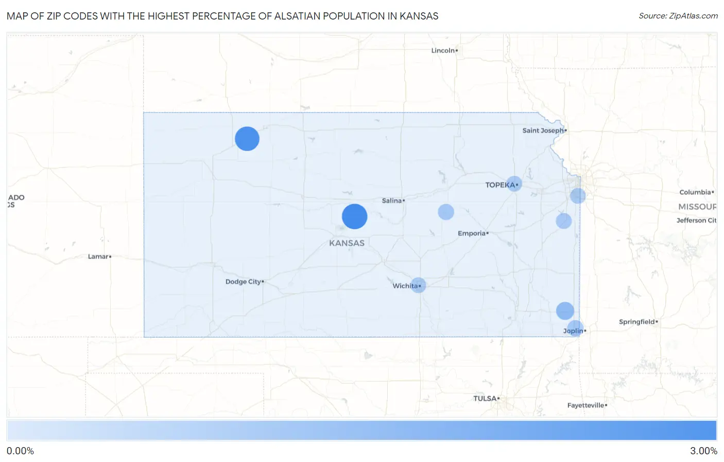 Zip Codes with the Highest Percentage of Alsatian Population in Kansas Map