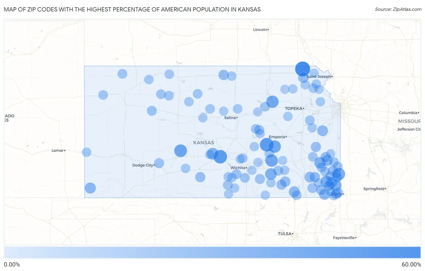 Zip Codes with the Highest Percentage of American Population in Kansas Map