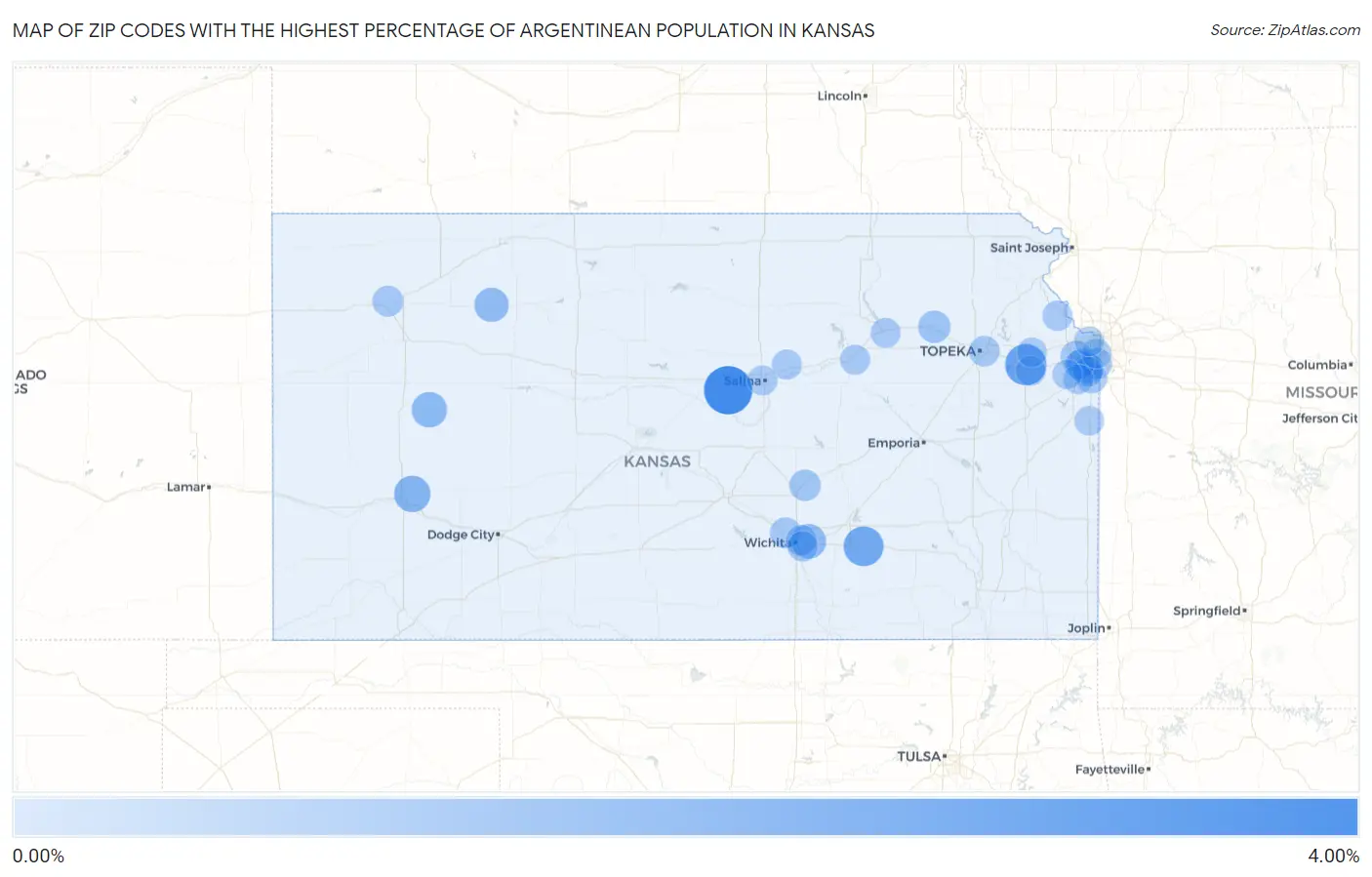 Zip Codes with the Highest Percentage of Argentinean Population in Kansas Map