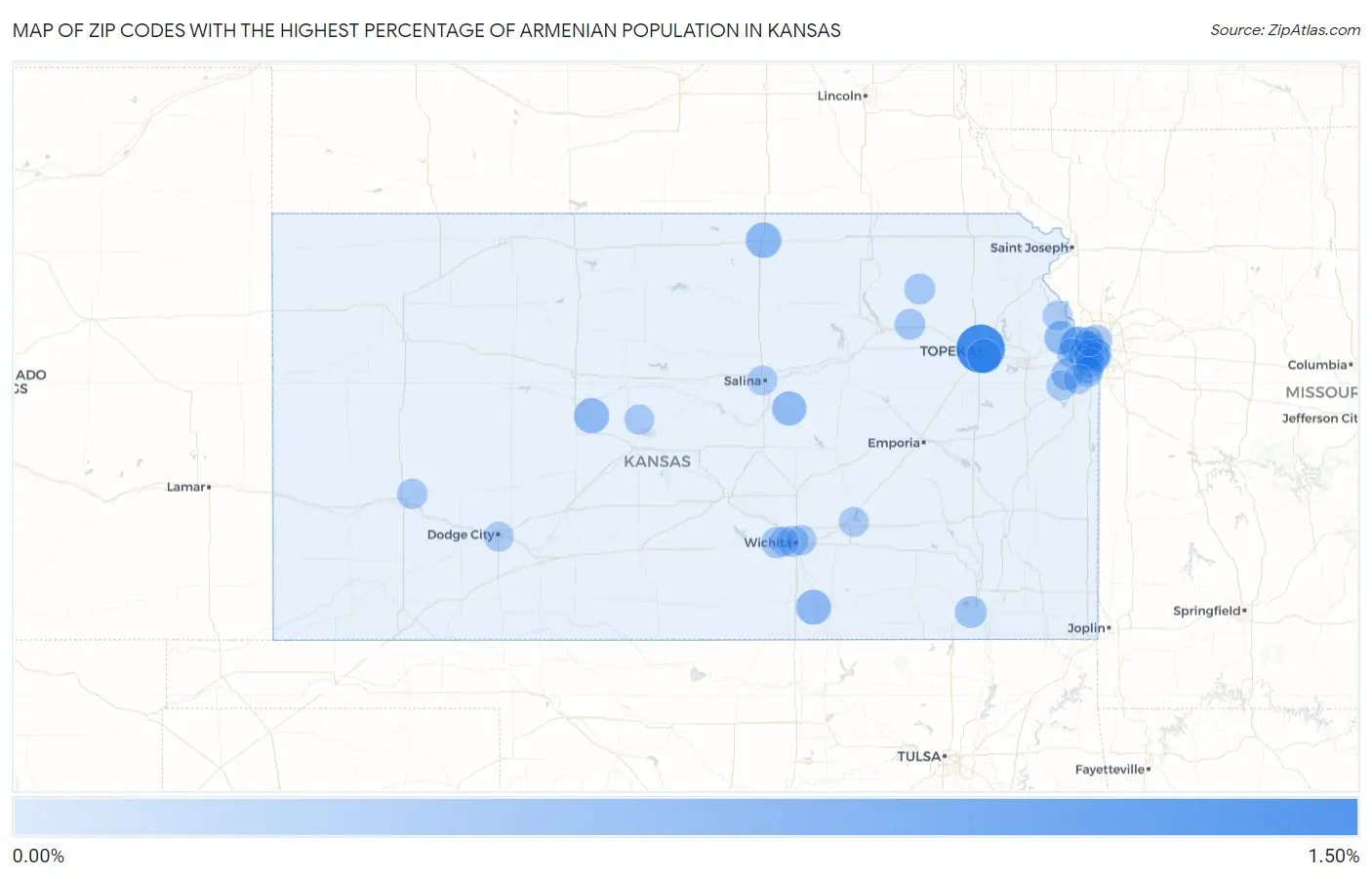 Zip Codes with the Highest Percentage of Armenian Population in Kansas Map