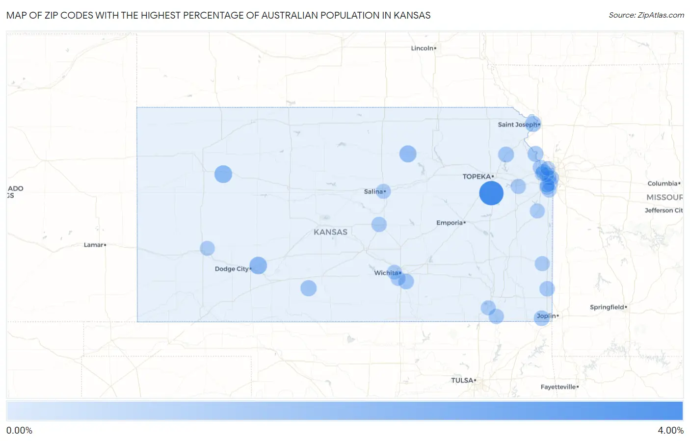 Zip Codes with the Highest Percentage of Australian Population in Kansas Map