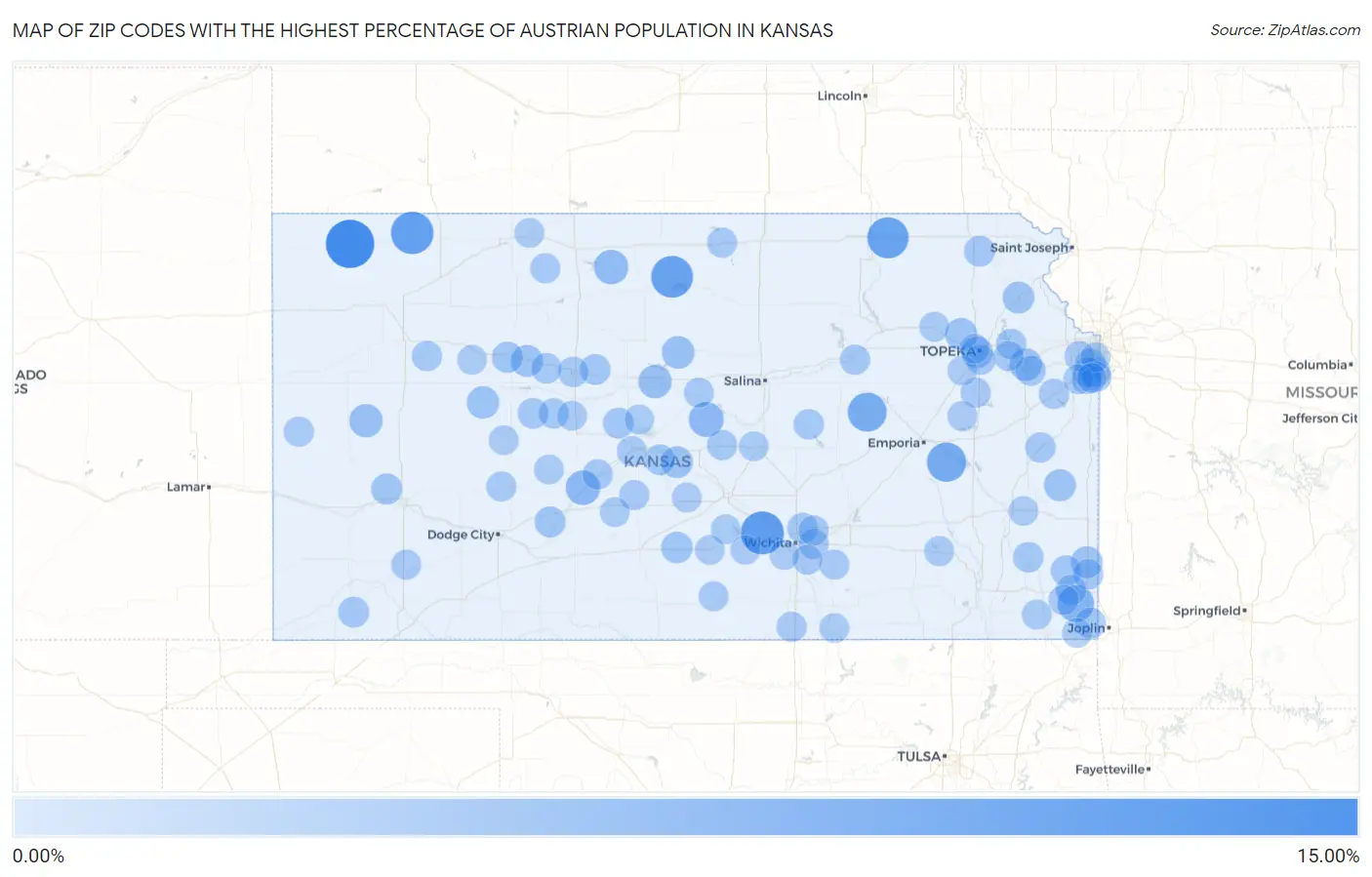 Zip Codes with the Highest Percentage of Austrian Population in Kansas Map