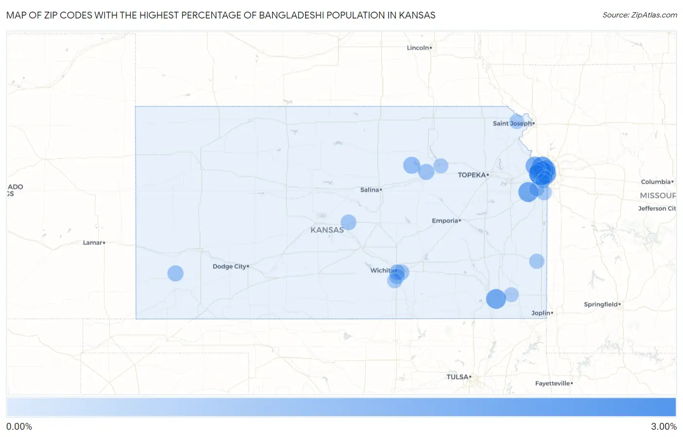 Zip Codes with the Highest Percentage of Bangladeshi Population in Kansas Map