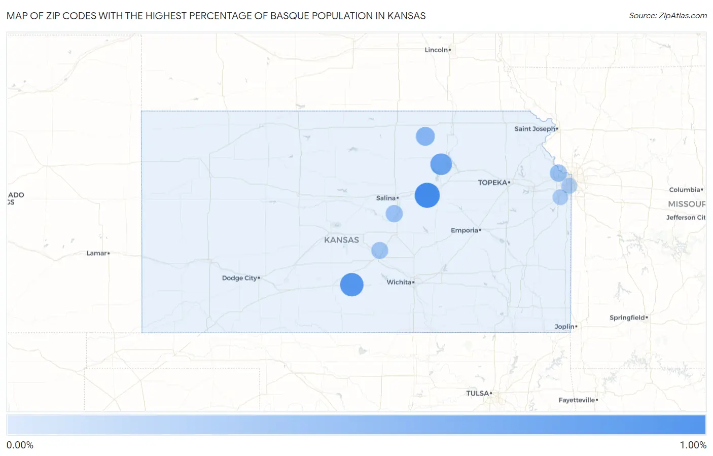 Zip Codes with the Highest Percentage of Basque Population in Kansas Map