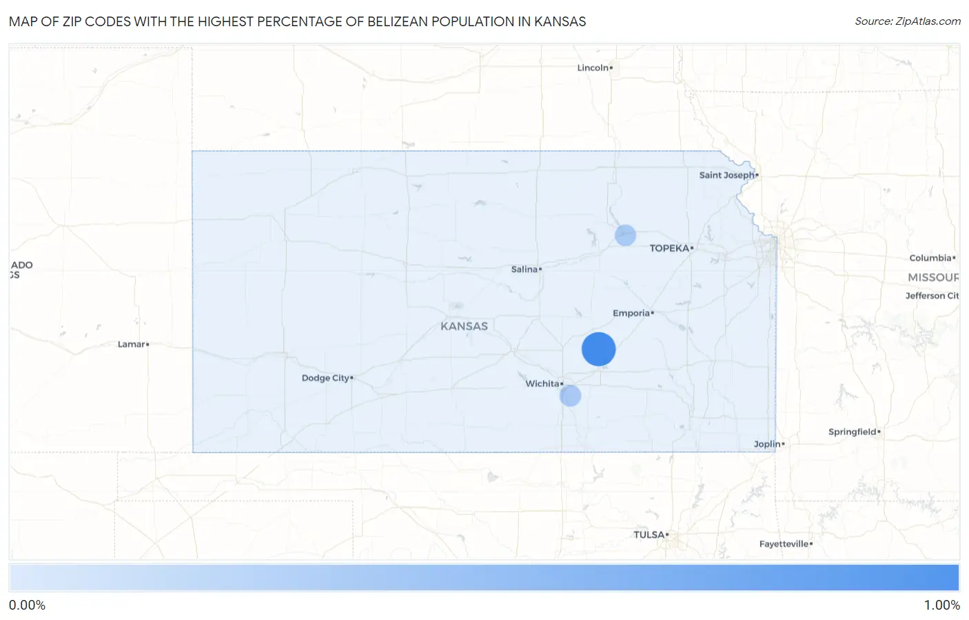 Zip Codes with the Highest Percentage of Belizean Population in Kansas Map