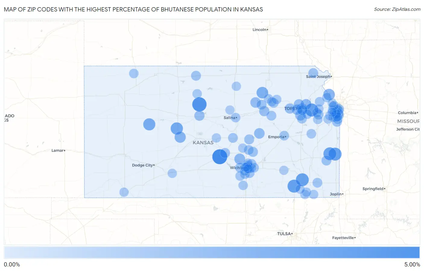 Zip Codes with the Highest Percentage of Bhutanese Population in Kansas Map