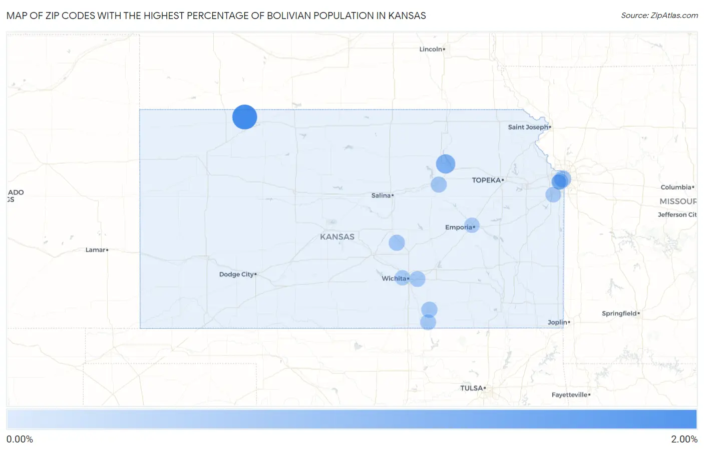 Zip Codes with the Highest Percentage of Bolivian Population in Kansas Map