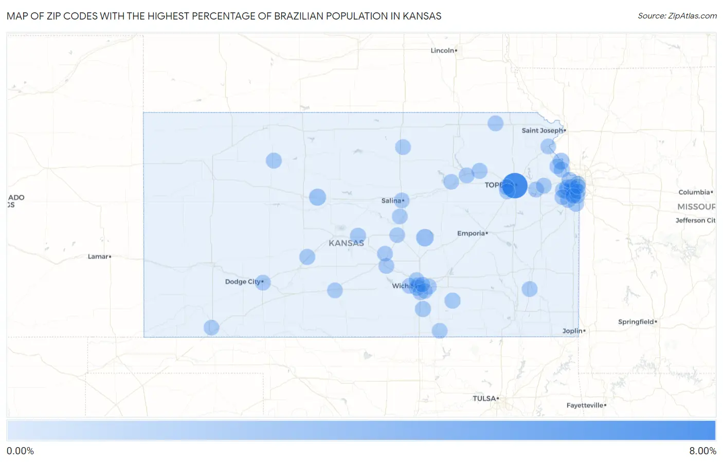 Zip Codes with the Highest Percentage of Brazilian Population in Kansas Map