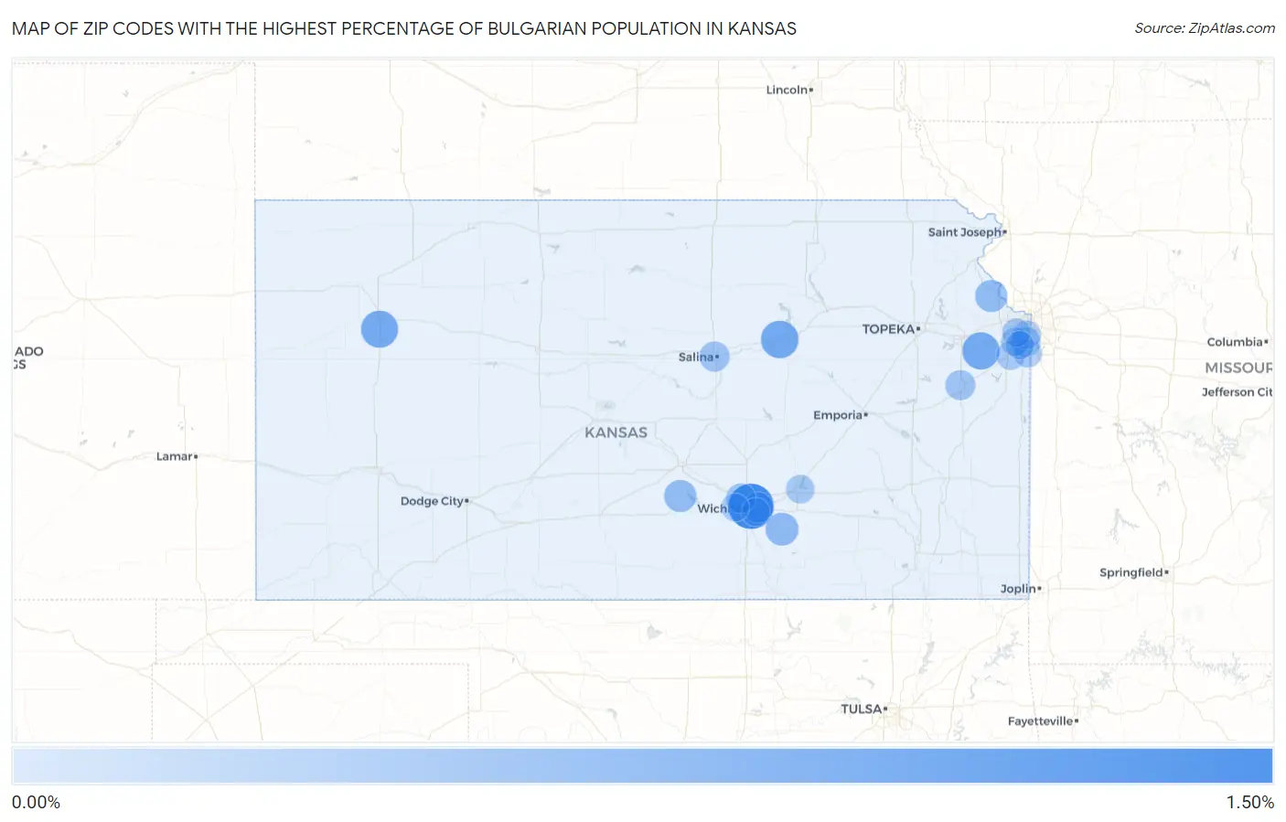 Zip Codes with the Highest Percentage of Bulgarian Population in Kansas Map