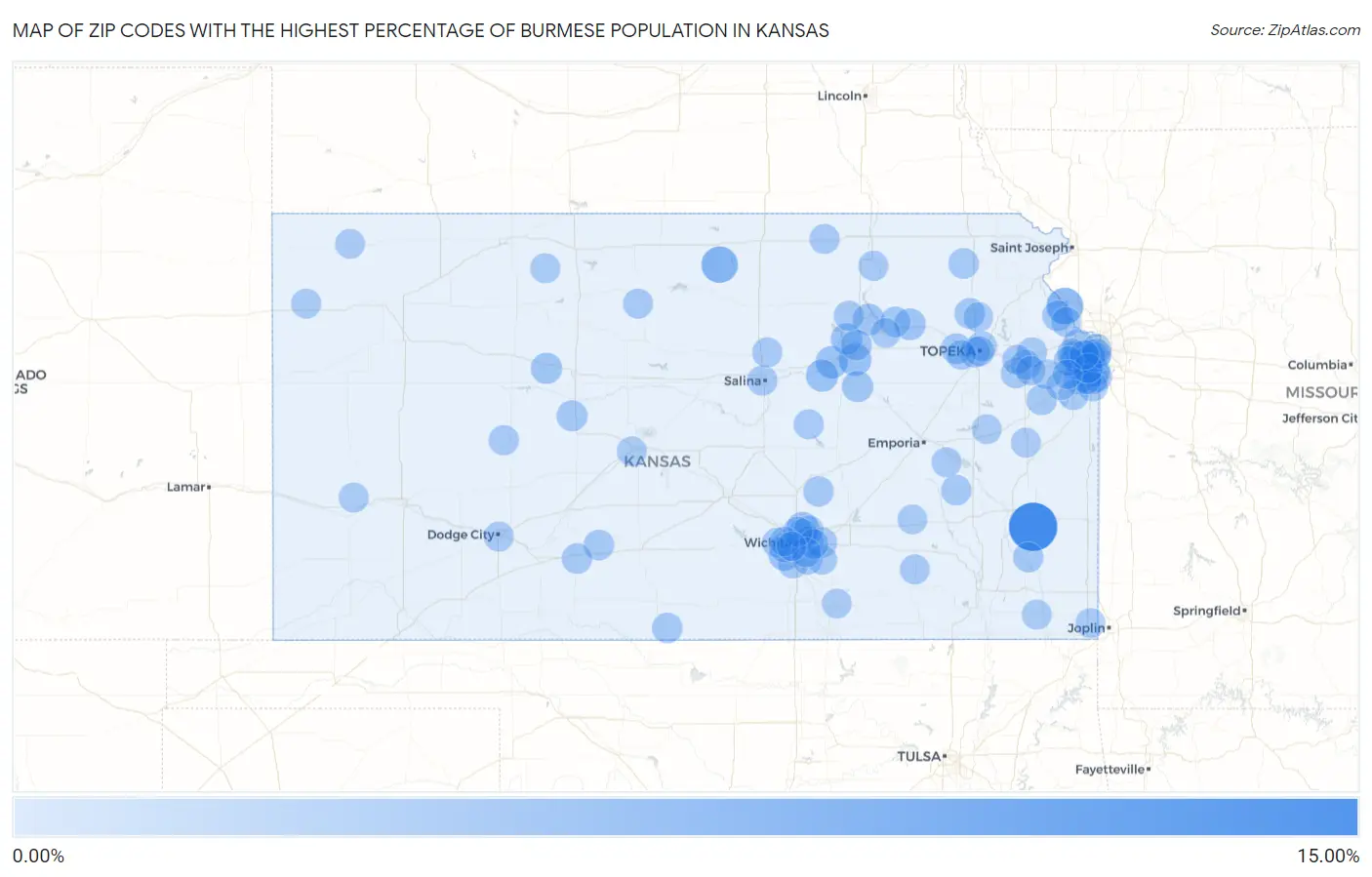 Zip Codes with the Highest Percentage of Burmese Population in Kansas Map