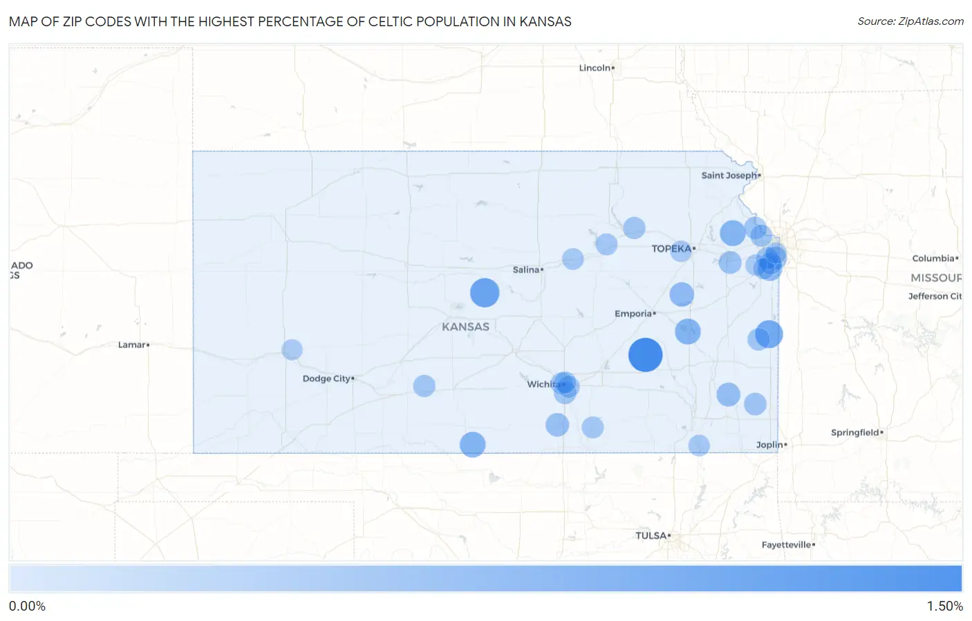 Zip Codes with the Highest Percentage of Celtic Population in Kansas Map