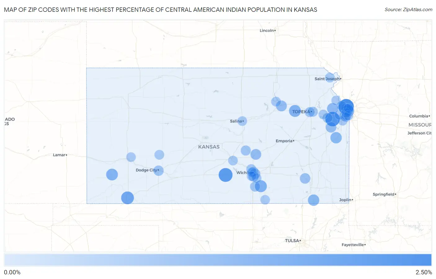 Zip Codes with the Highest Percentage of Central American Indian Population in Kansas Map