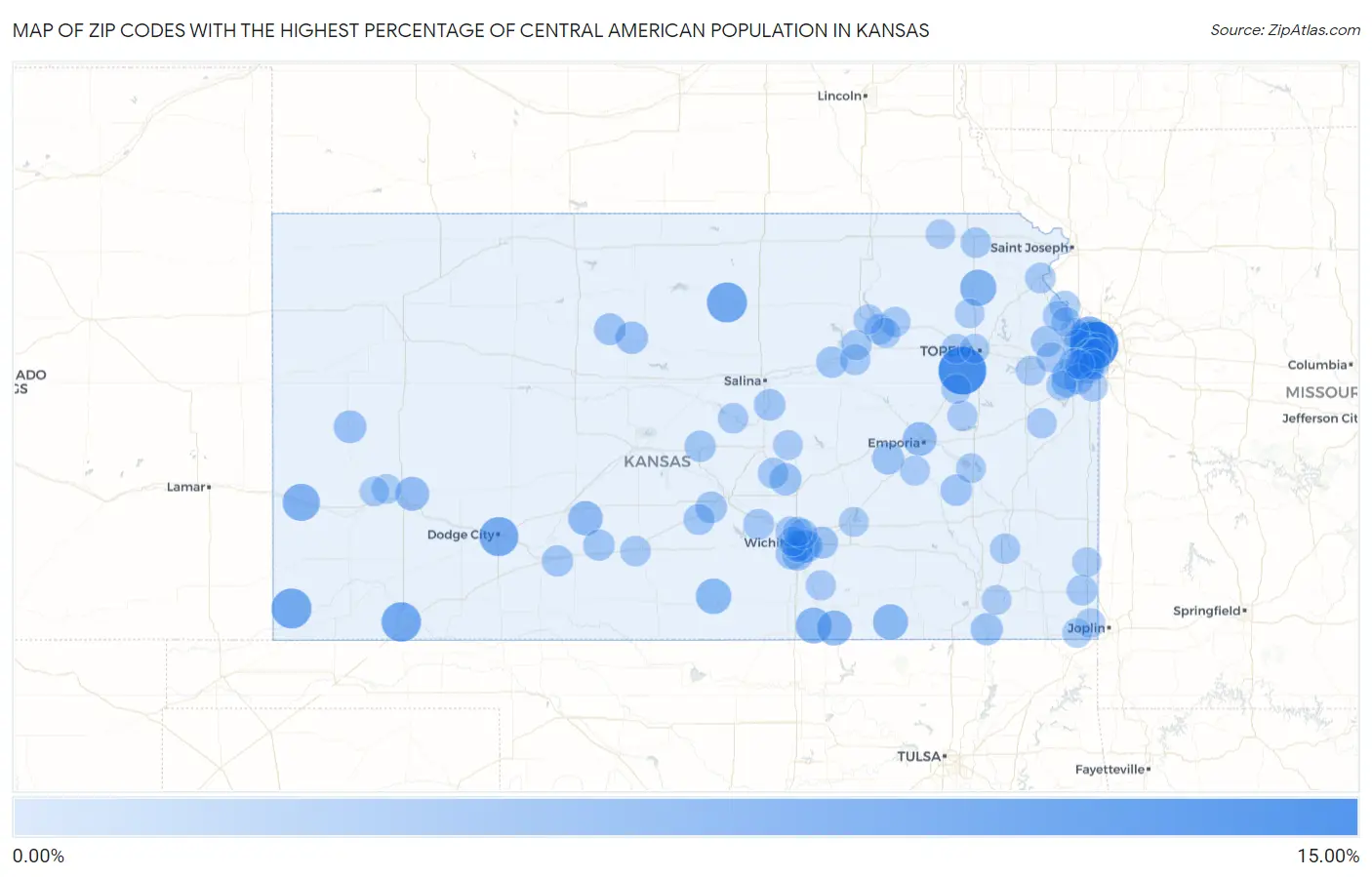 Zip Codes with the Highest Percentage of Central American Population in Kansas Map