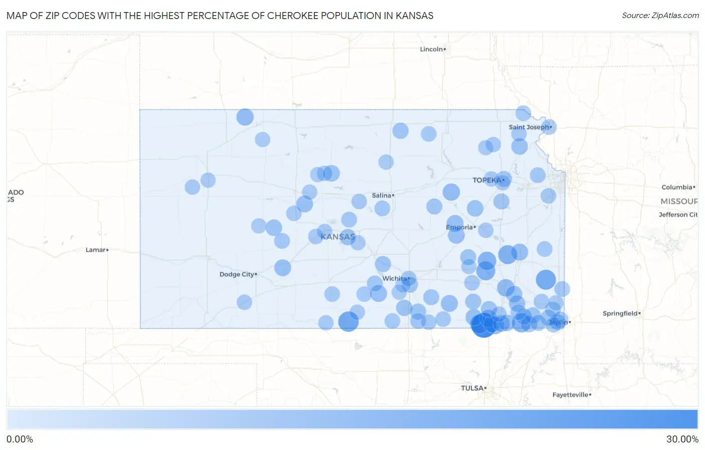 Zip Codes with the Highest Percentage of Cherokee Population in Kansas Map