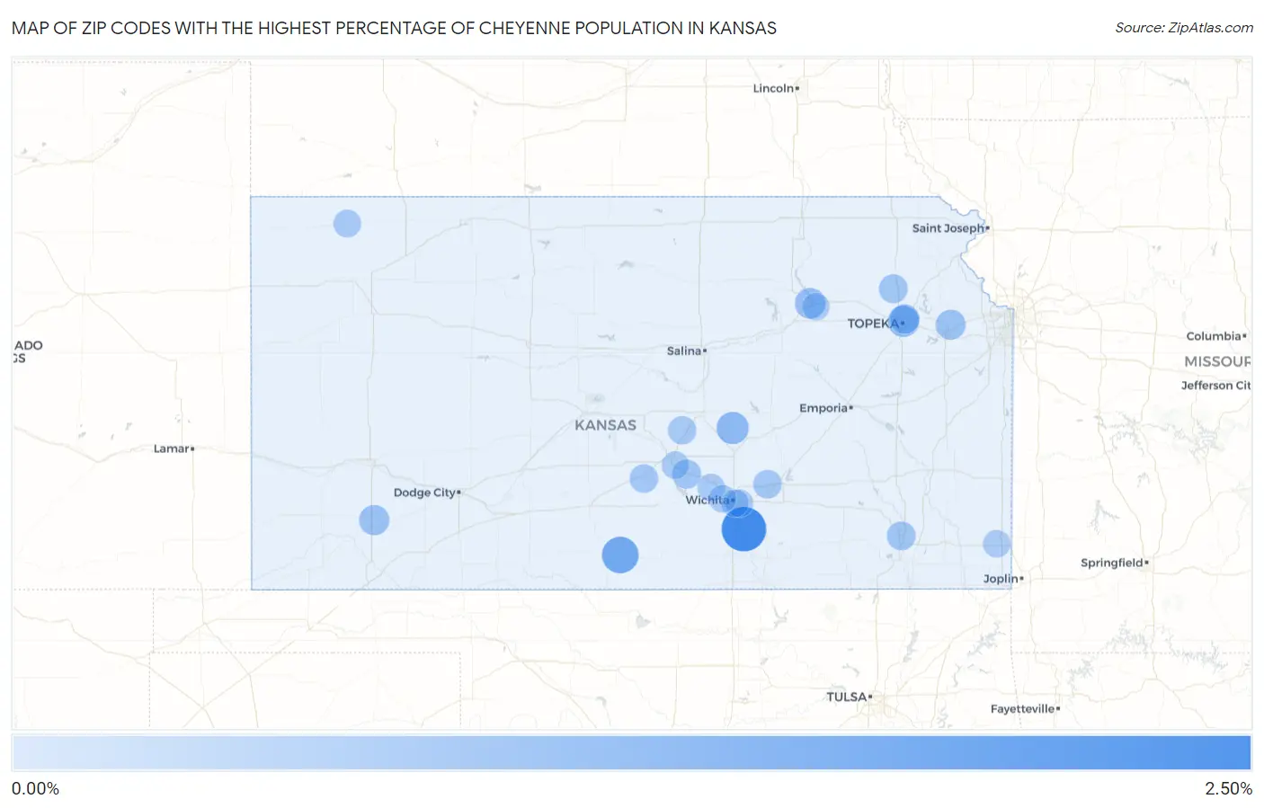 Zip Codes with the Highest Percentage of Cheyenne Population in Kansas Map