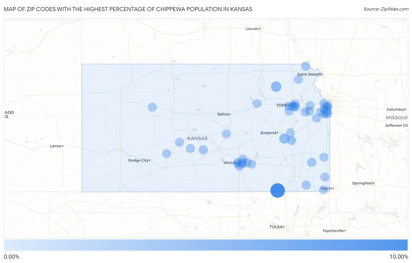 Zip Codes with the Highest Percentage of Chippewa Population in Kansas Map