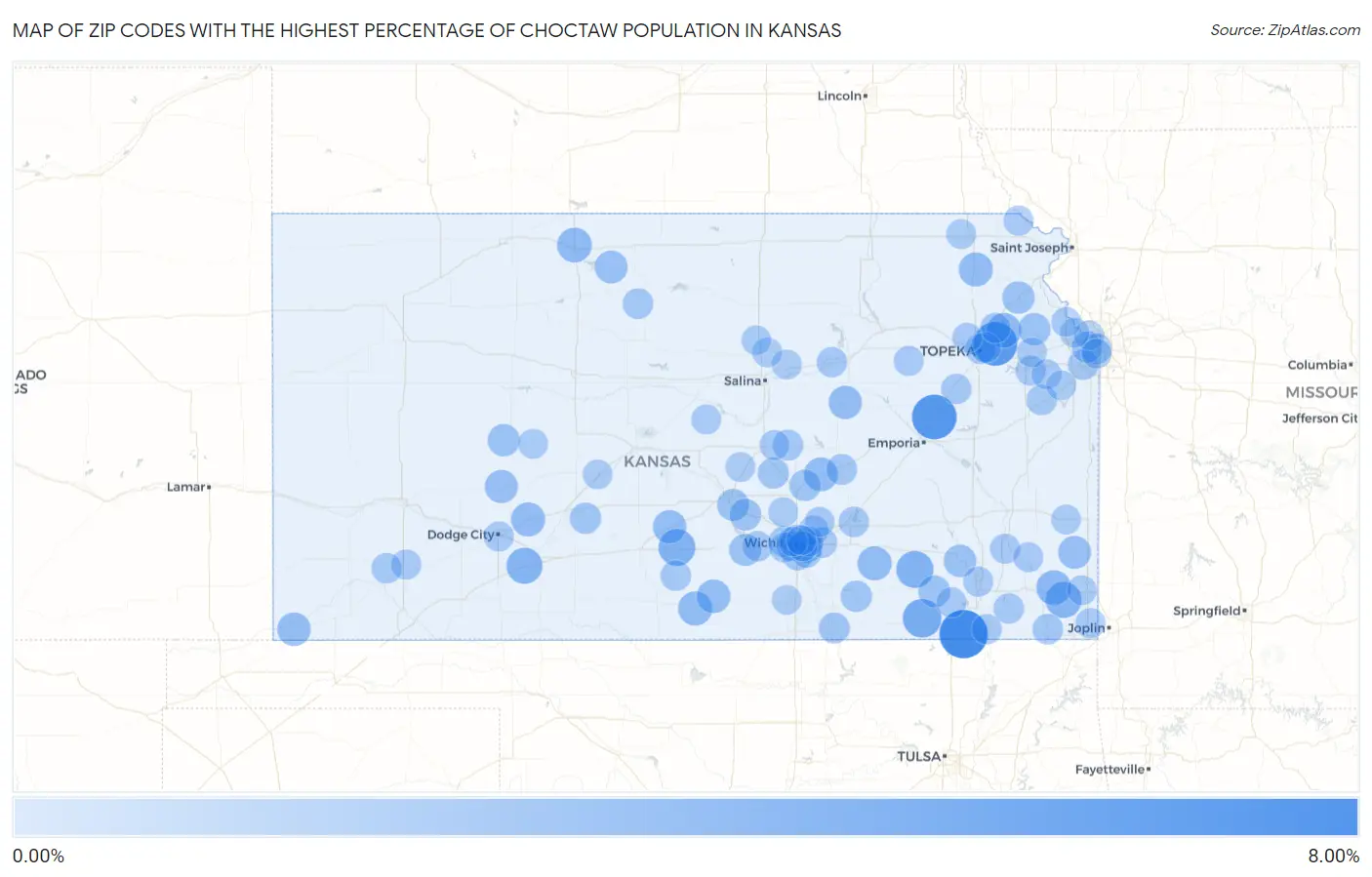Zip Codes with the Highest Percentage of Choctaw Population in Kansas Map
