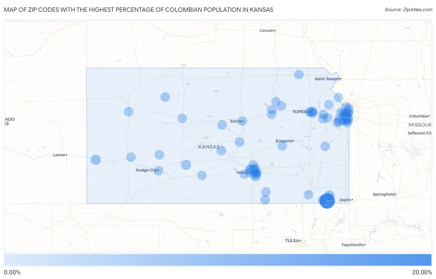 Zip Codes with the Highest Percentage of Colombian Population in Kansas Map