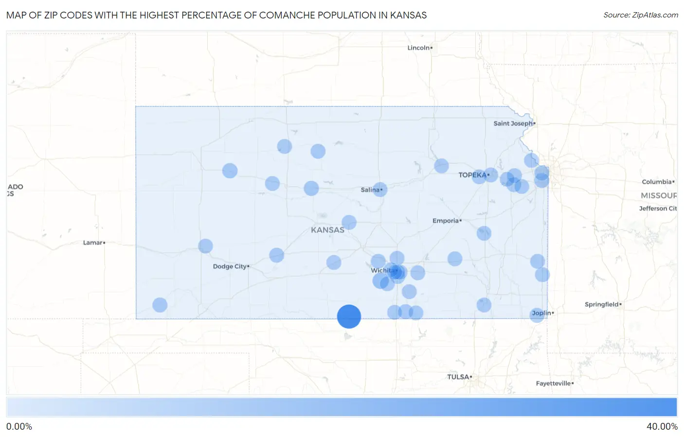 Zip Codes with the Highest Percentage of Comanche Population in Kansas Map
