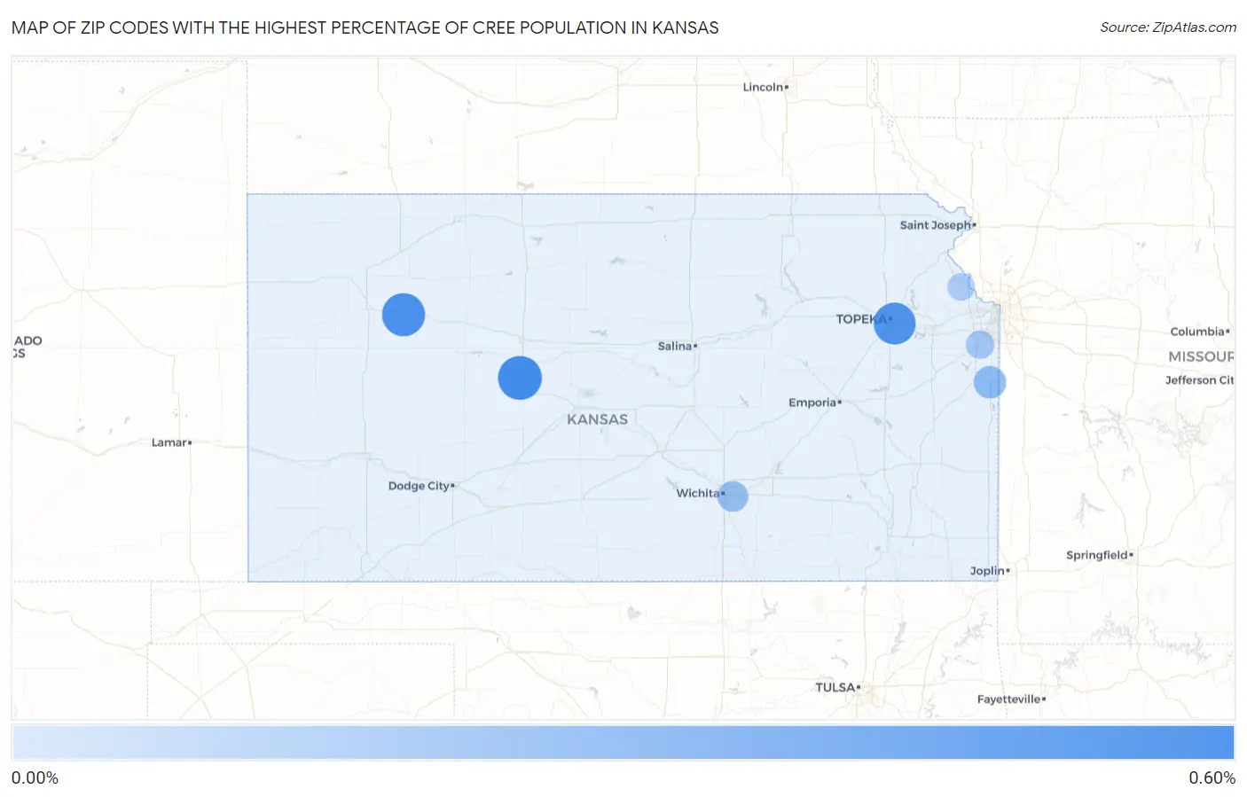 Zip Codes with the Highest Percentage of Cree Population in Kansas Map