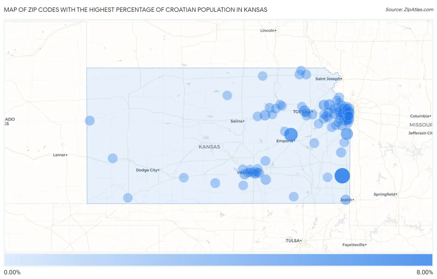 Zip Codes with the Highest Percentage of Croatian Population in Kansas Map