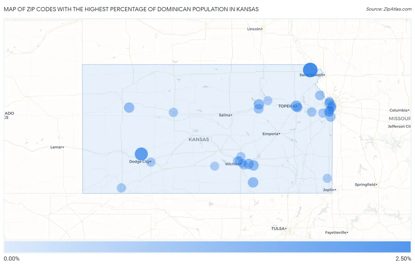 Zip Codes with the Highest Percentage of Dominican Population in Kansas Map