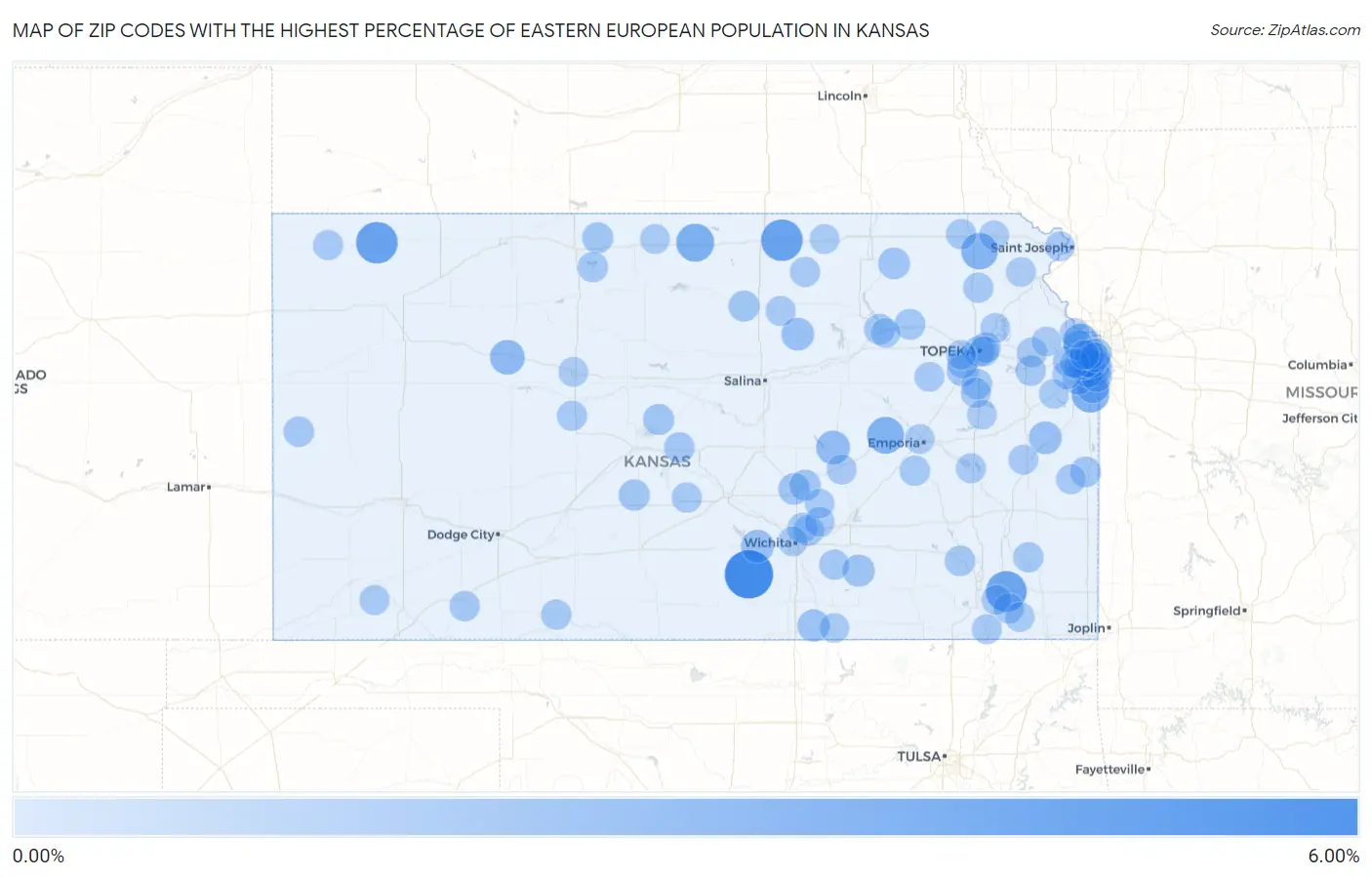 Zip Codes with the Highest Percentage of Eastern European Population in Kansas Map