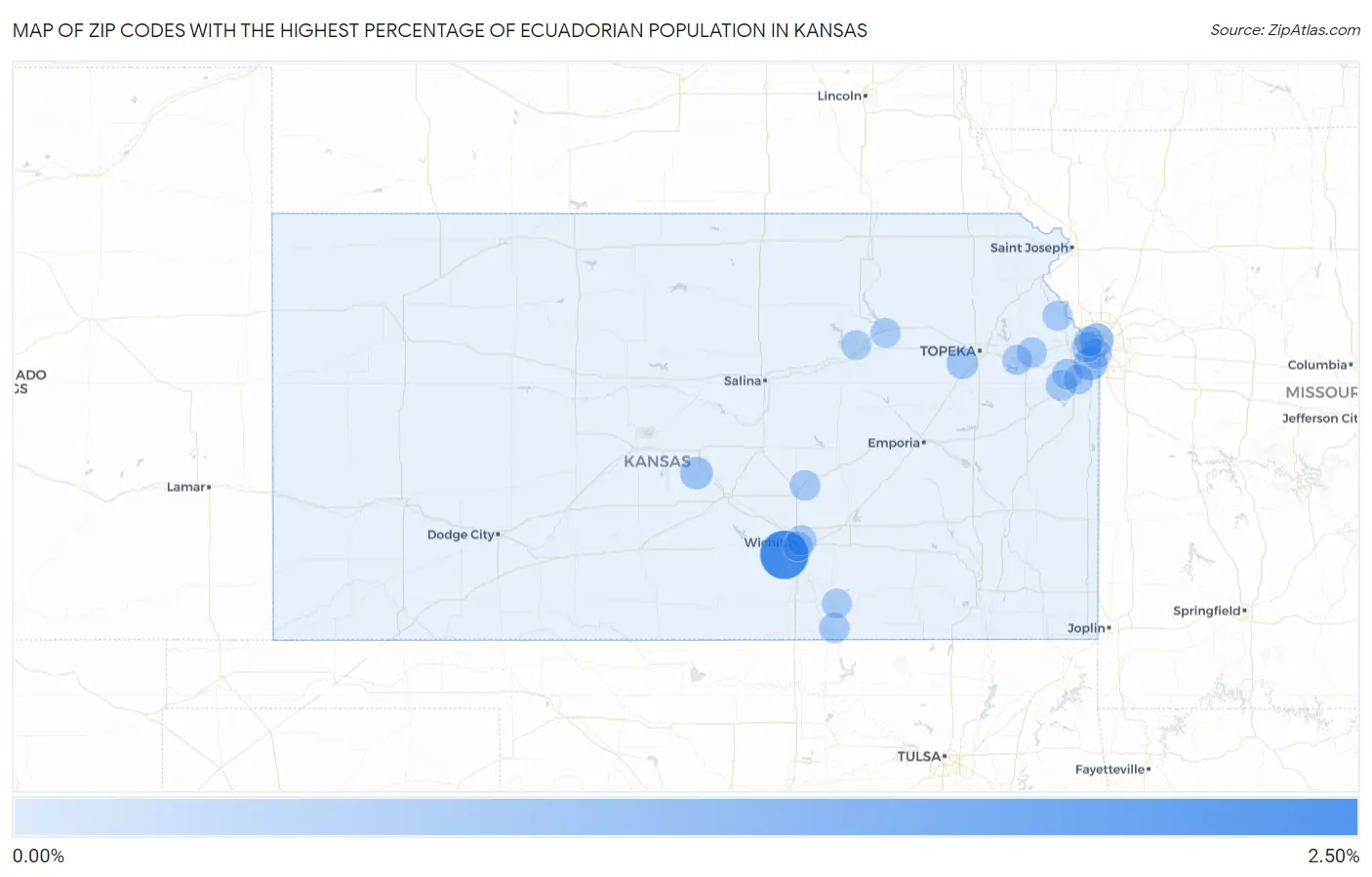 Zip Codes with the Highest Percentage of Ecuadorian Population in Kansas Map