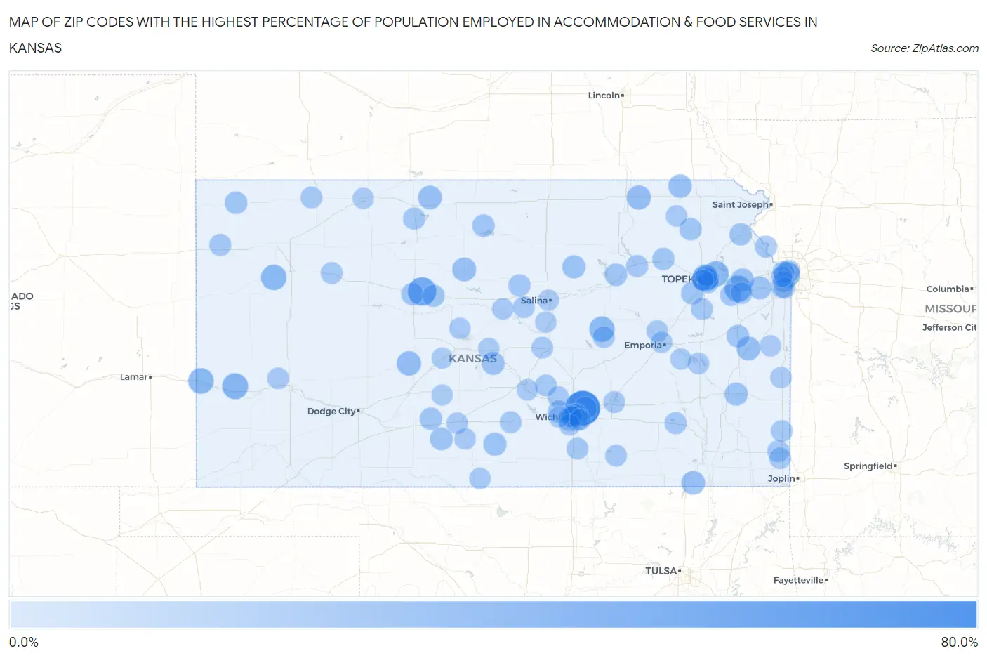 Zip Codes with the Highest Percentage of Population Employed in Accommodation & Food Services in Kansas Map