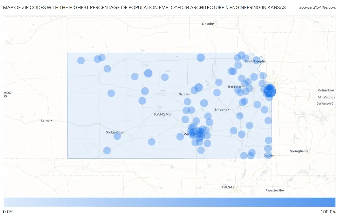 Zip Codes with the Highest Percentage of Population Employed in Architecture & Engineering in Kansas Map