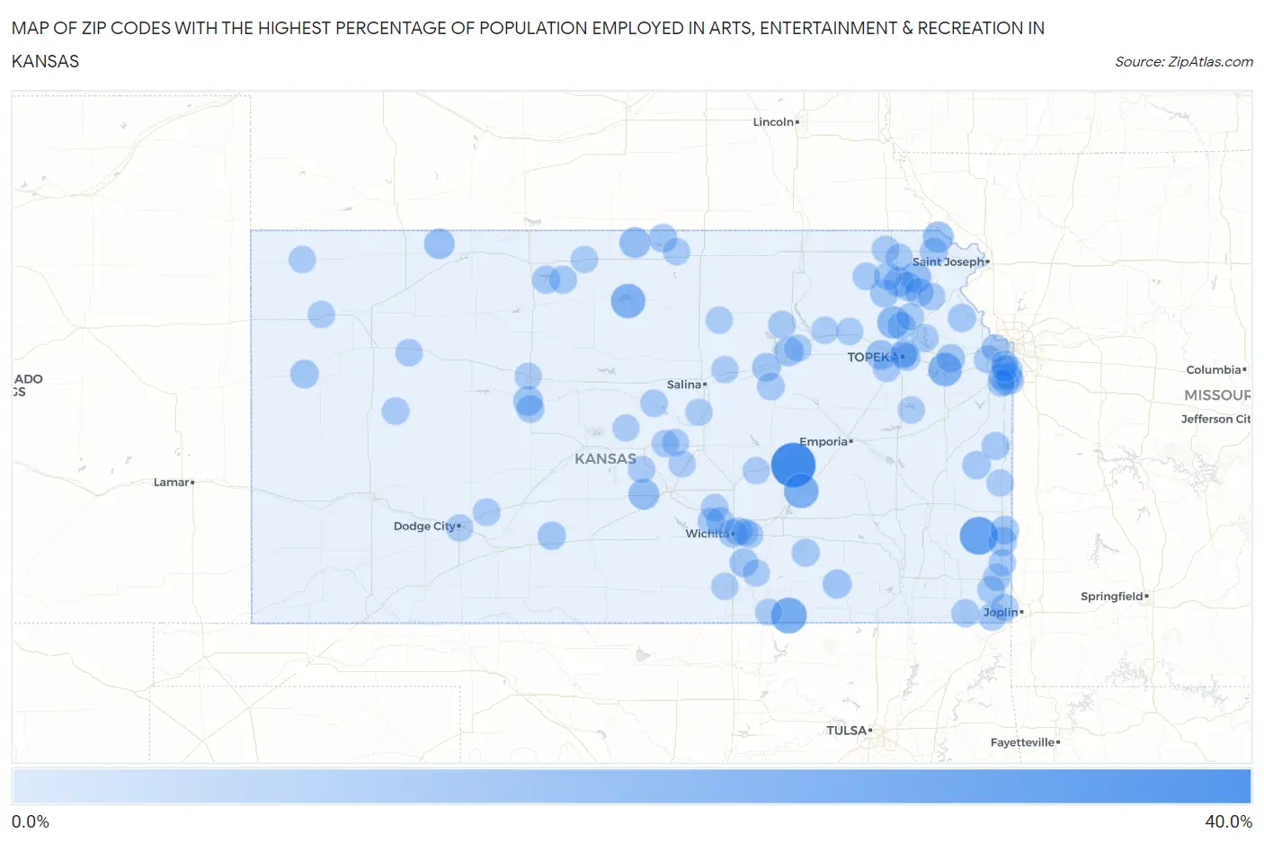 Zip Codes with the Highest Percentage of Population Employed in Arts, Entertainment & Recreation in Kansas Map
