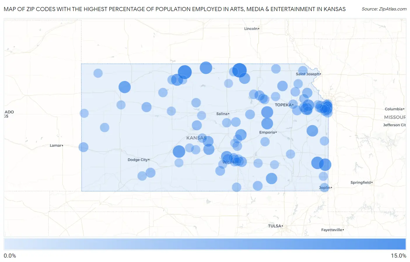 Zip Codes with the Highest Percentage of Population Employed in Arts, Media & Entertainment in Kansas Map