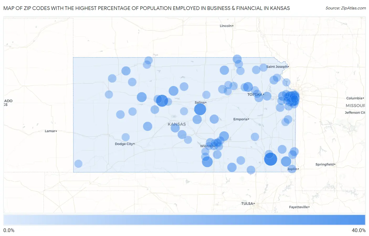 Zip Codes with the Highest Percentage of Population Employed in Business & Financial in Kansas Map