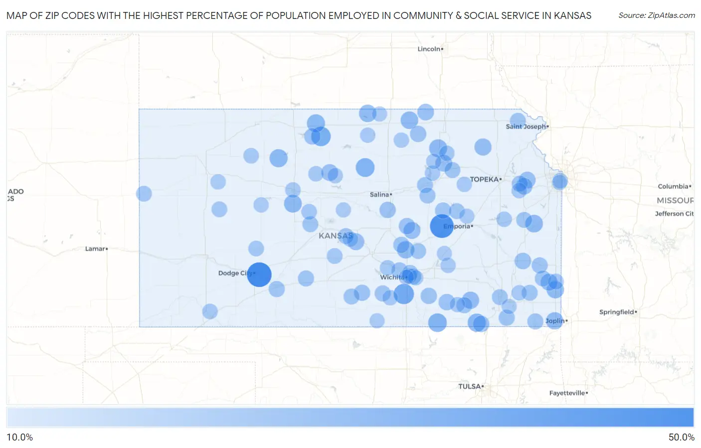 Zip Codes with the Highest Percentage of Population Employed in Community & Social Service  in Kansas Map