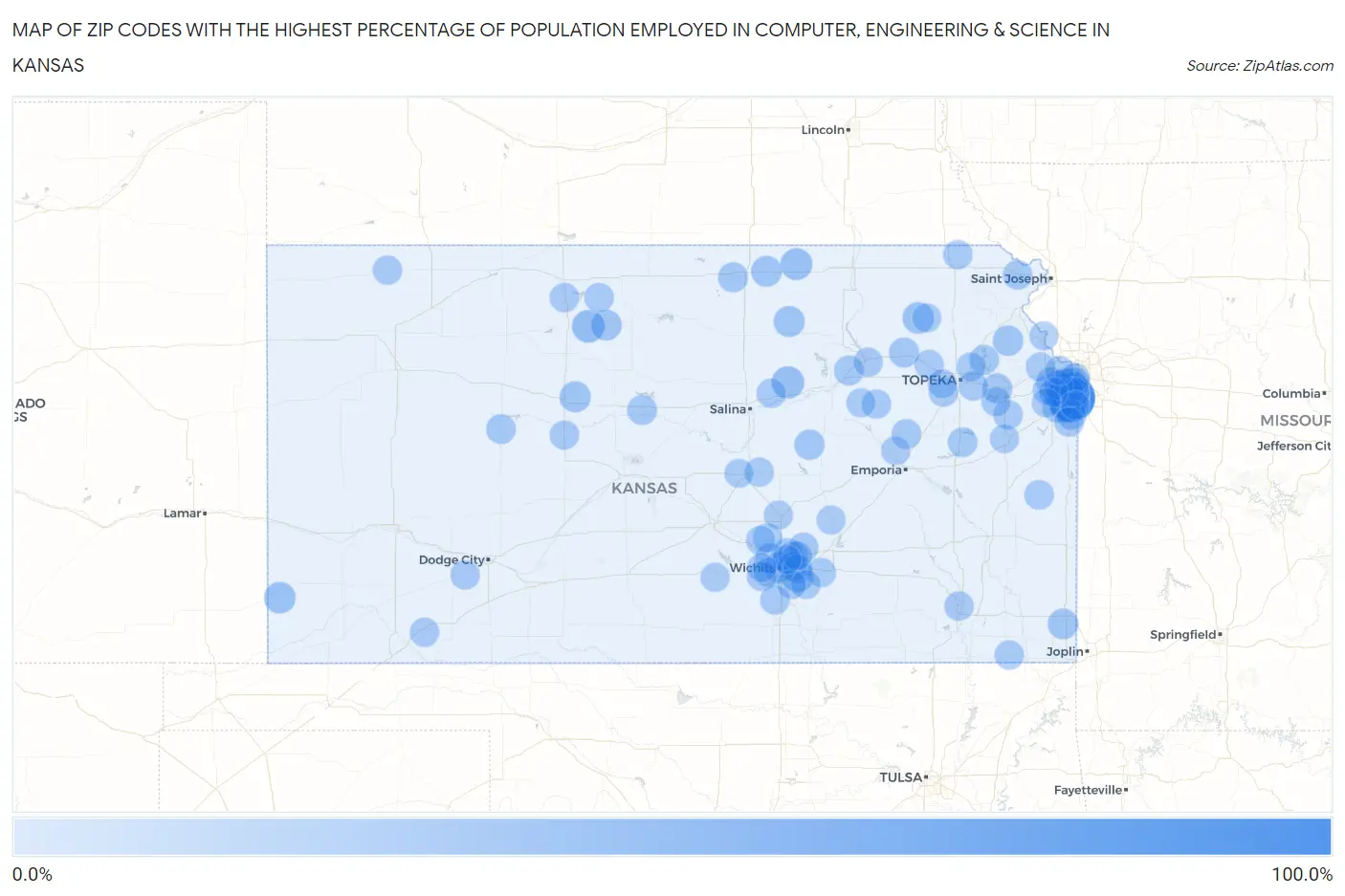 Zip Codes with the Highest Percentage of Population Employed in Computer, Engineering & Science in Kansas Map