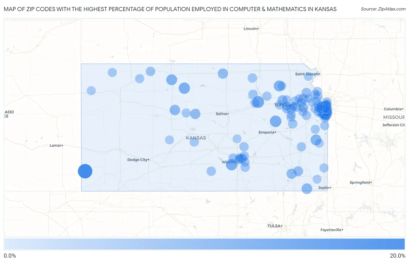Zip Codes with the Highest Percentage of Population Employed in Computer & Mathematics in Kansas Map
