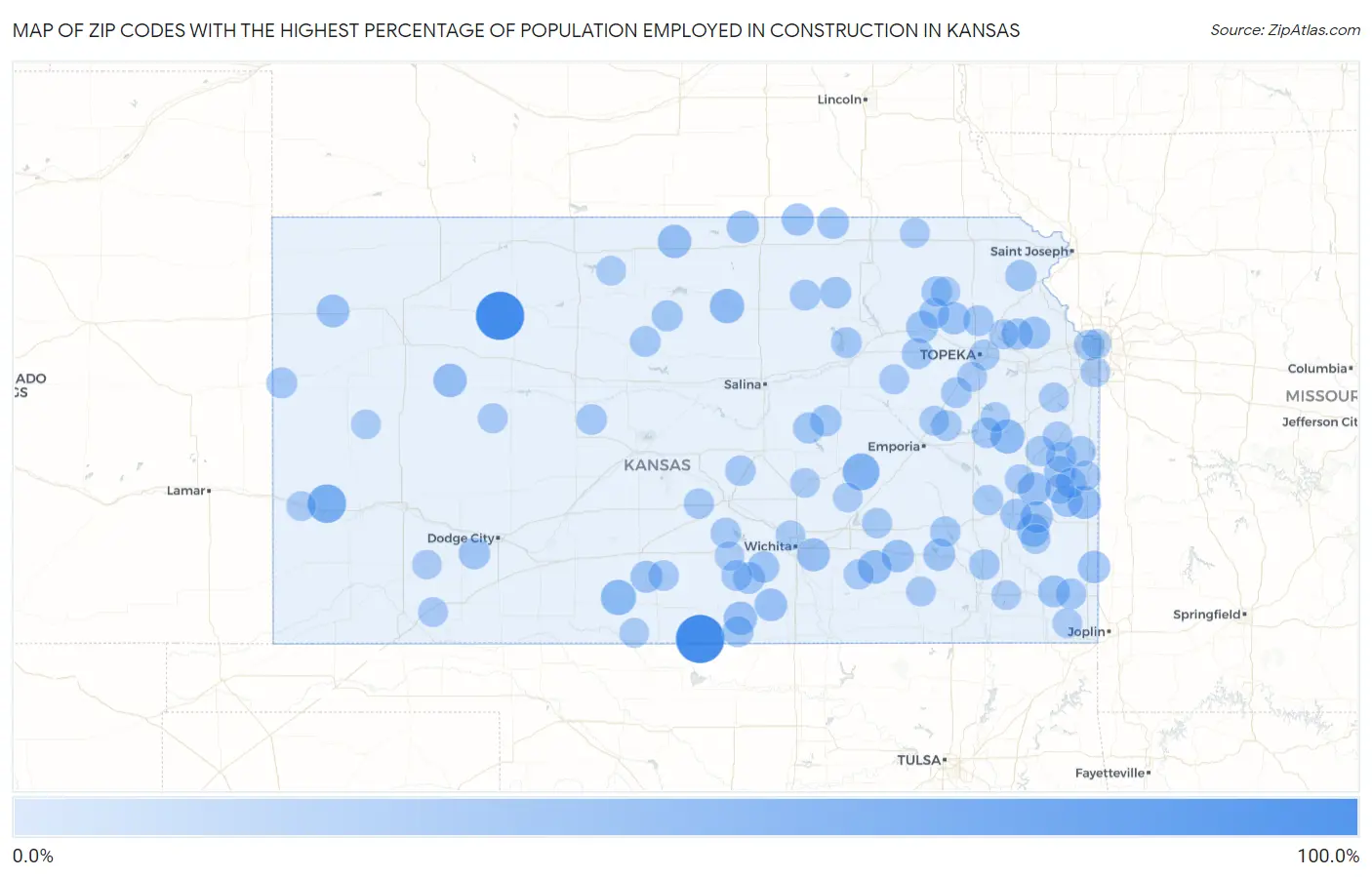 Zip Codes with the Highest Percentage of Population Employed in Construction in Kansas Map