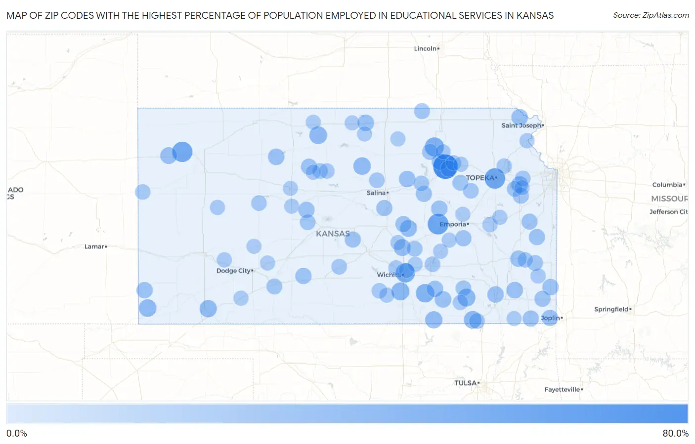 Zip Codes with the Highest Percentage of Population Employed in Educational Services in Kansas Map