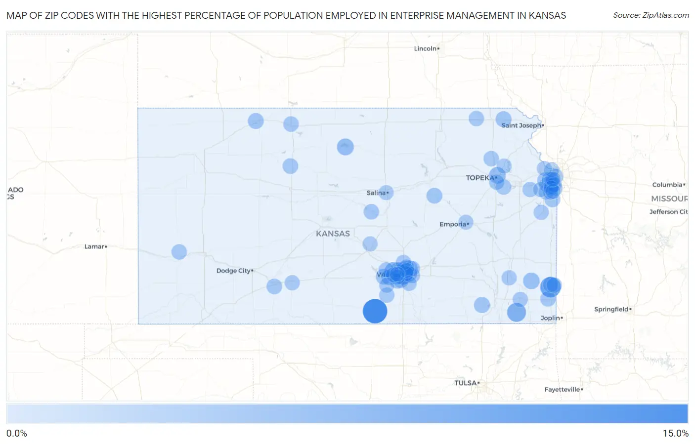 Zip Codes with the Highest Percentage of Population Employed in Enterprise Management in Kansas Map