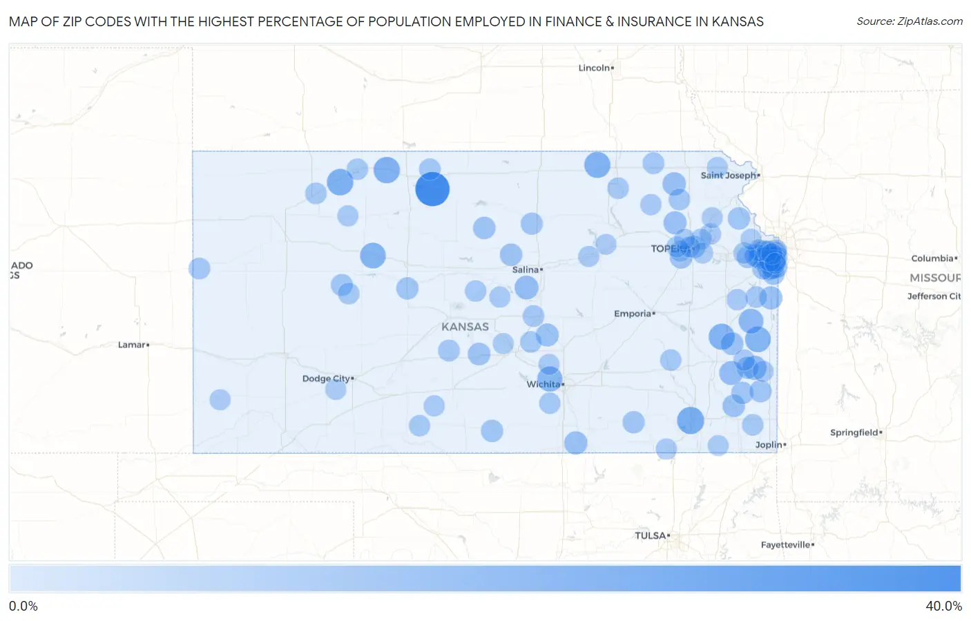 Zip Codes with the Highest Percentage of Population Employed in Finance & Insurance in Kansas Map