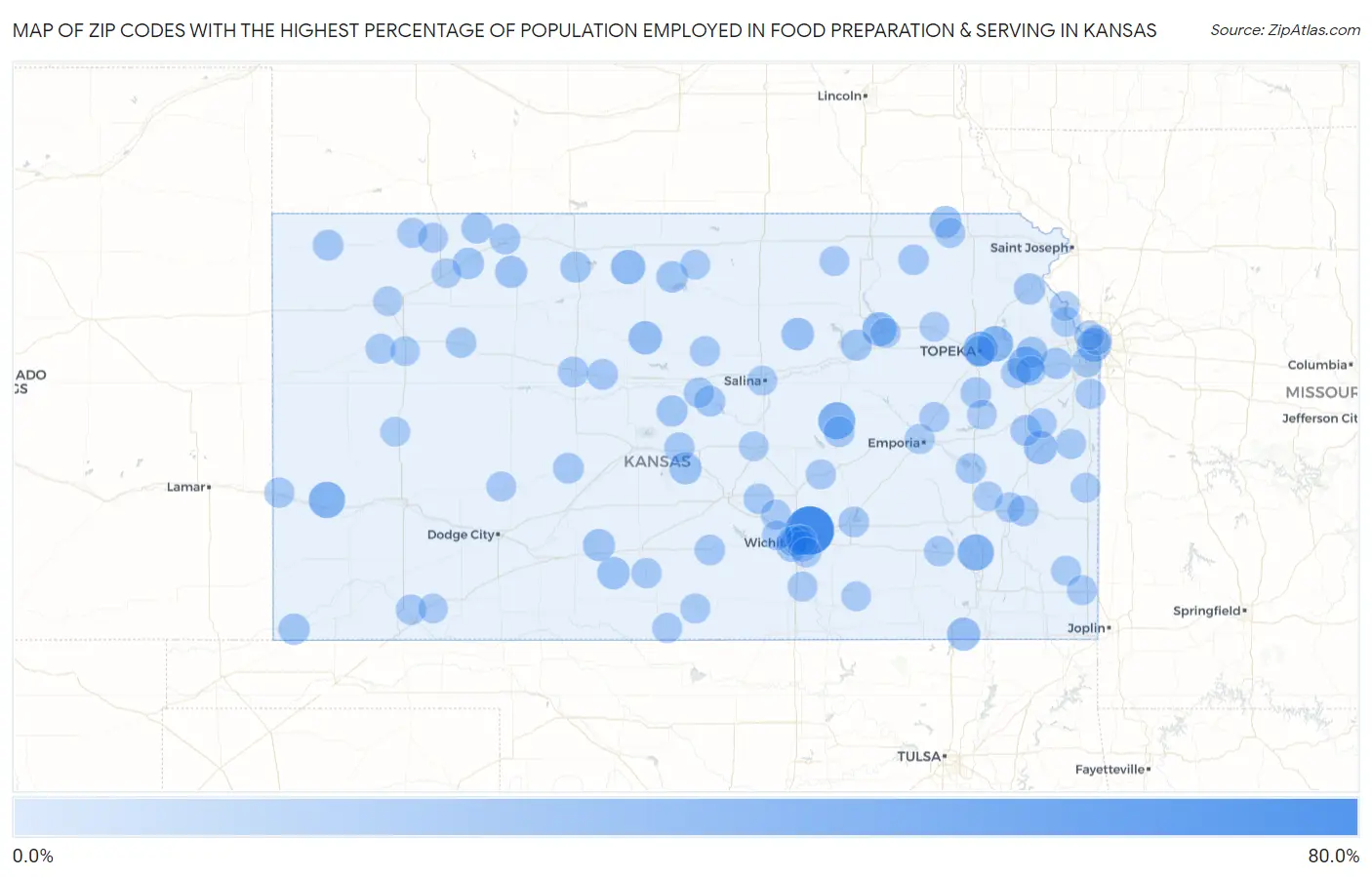 Zip Codes with the Highest Percentage of Population Employed in Food Preparation & Serving in Kansas Map