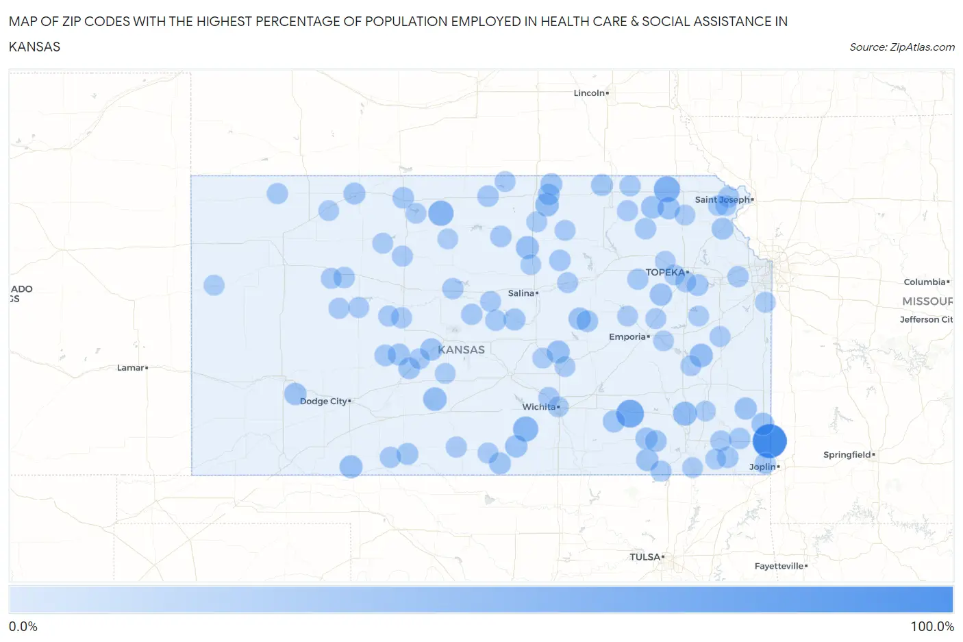 Zip Codes with the Highest Percentage of Population Employed in Health Care & Social Assistance in Kansas Map