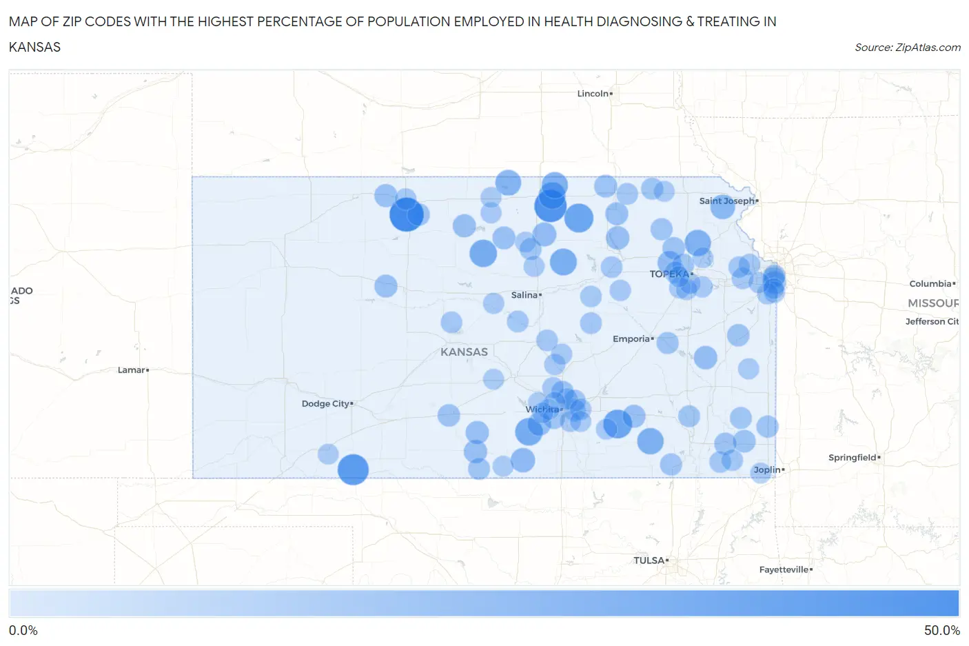 Zip Codes with the Highest Percentage of Population Employed in Health Diagnosing & Treating in Kansas Map