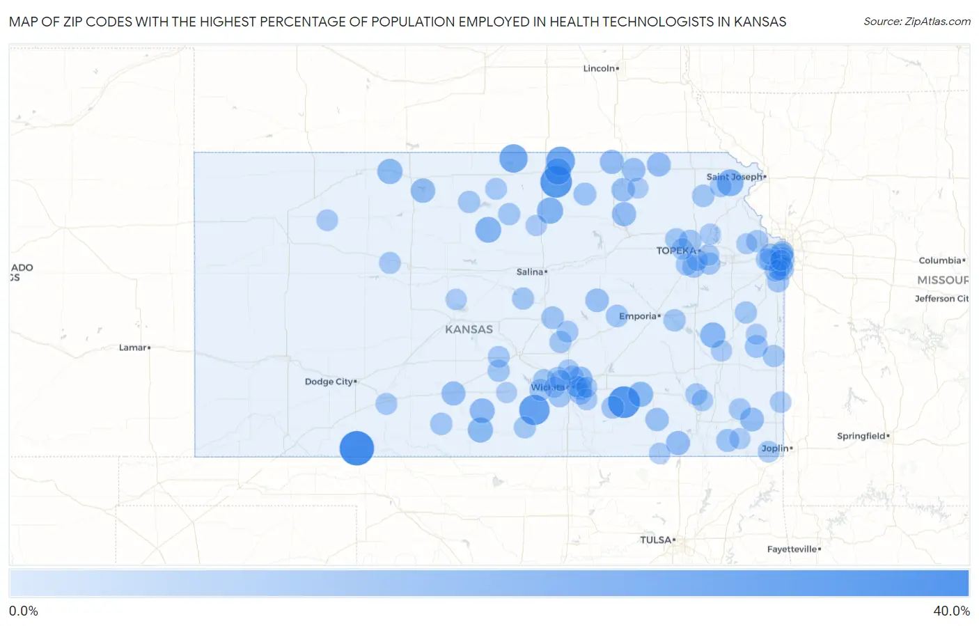 Zip Codes with the Highest Percentage of Population Employed in Health Technologists in Kansas Map