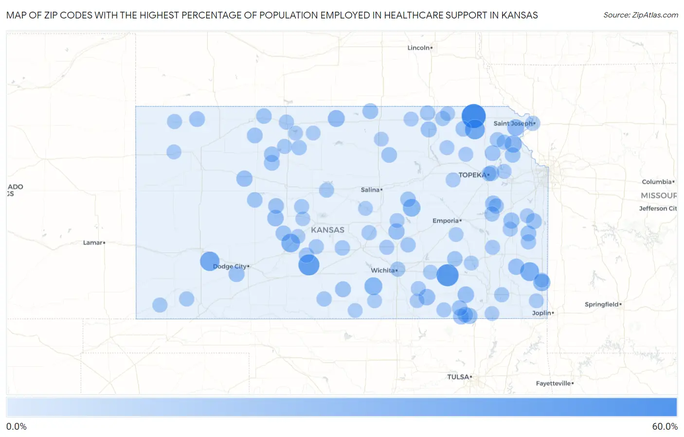 Zip Codes with the Highest Percentage of Population Employed in Healthcare Support in Kansas Map